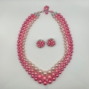 VTG Pink Multi Strand Faux Pearl Necklace and Clip On Earring Set Coquette Fem